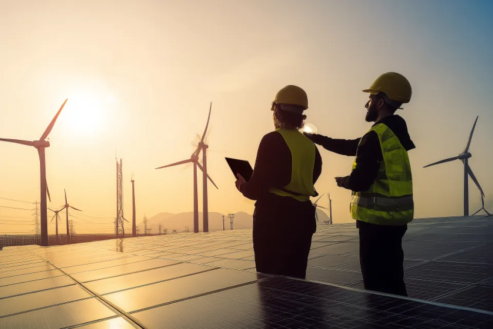 solar panels and windmill workers
